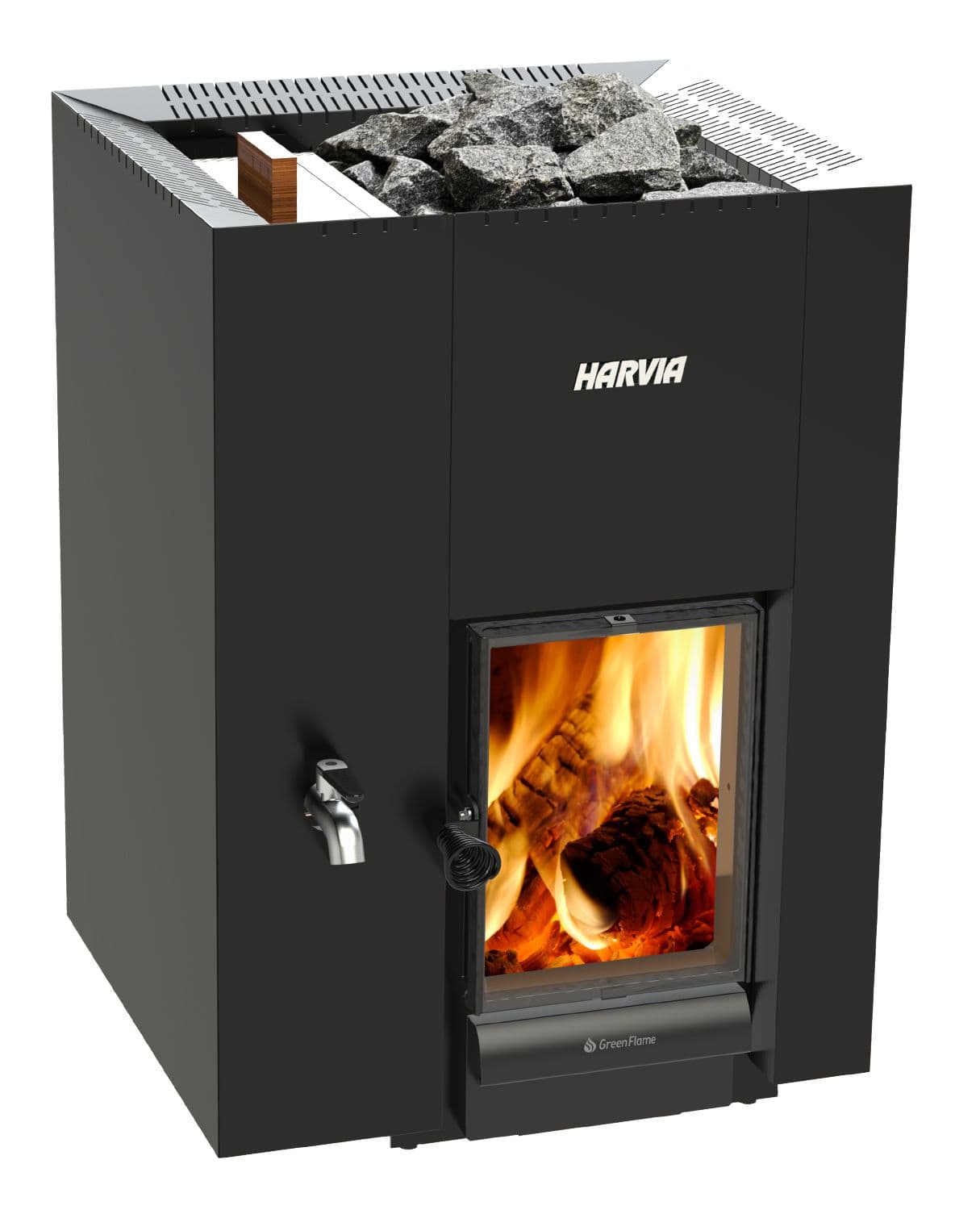 Incalzitor sauna pe lemne Harvia Linear 22 GreenFlame LS black cu bazin apa lateral
