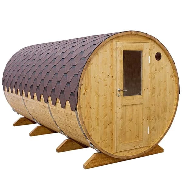 Sauna exterioata tip butoi  lungime 4m Ø 2,0m cu antecamera molid thermowood soba pe lemne - imagine 2