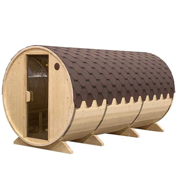Sauna exterioata tip butoi  lungime 4m Ø 2,0m cu antecamera molid thermowood soba pe lemne - imagine 3